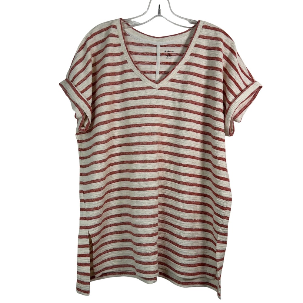 Style & Co Womens XL Sienna Orange Striped V-Neck Short‎ Sleeve Top